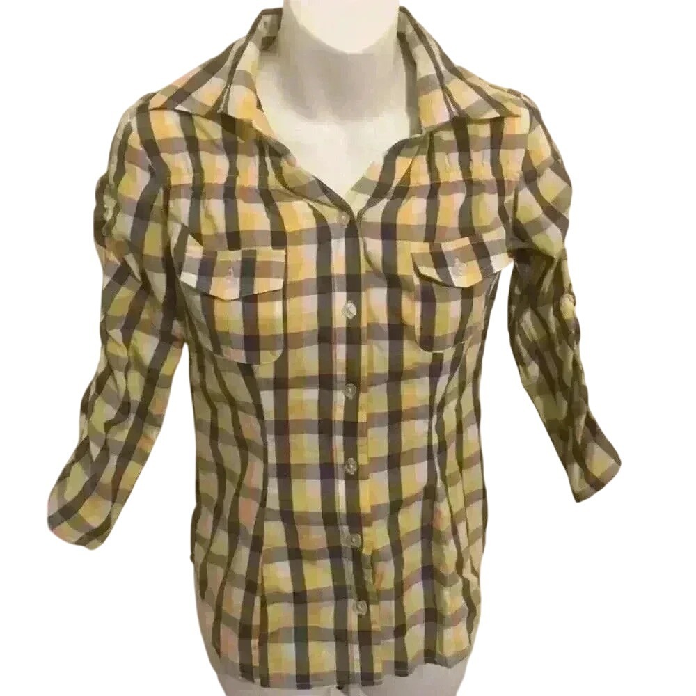 Plaid Button Down Top Yellow Black Casual Shirt Career‎